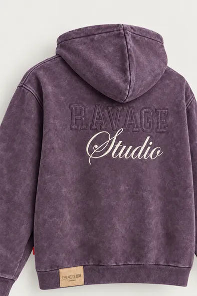 Ravage - Mor - Kapüşonlu Çift Fermuarlı - Pamuklu Erkek Sweatshirt