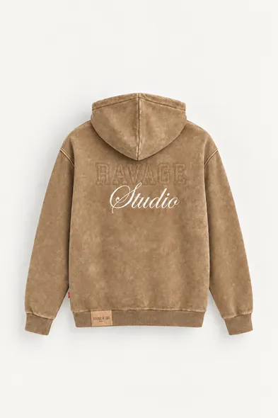 Ravage - Taba - Kapüşonlu Çift Fermuarlı - Pamuklu Erkek Sweatshirt