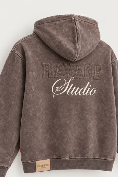 Ravage - Kahverengi - Kapüşonlu Çift Fermuarlı - Pamuklu Erkek Sweatshirt