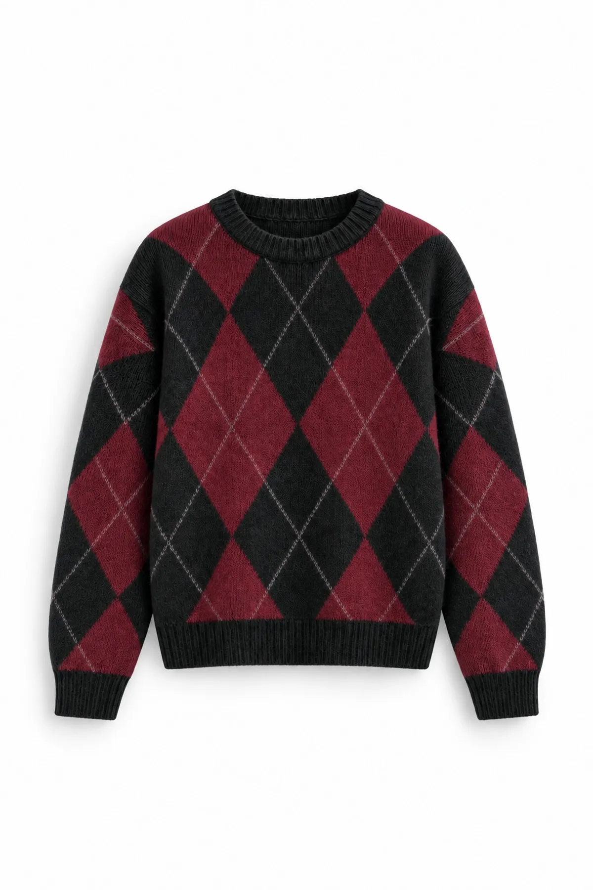 Nash - Bordo - Baklava Desenli Bisiklet Yaka - Oversize Fit - Pamuklu Erkek Kazak