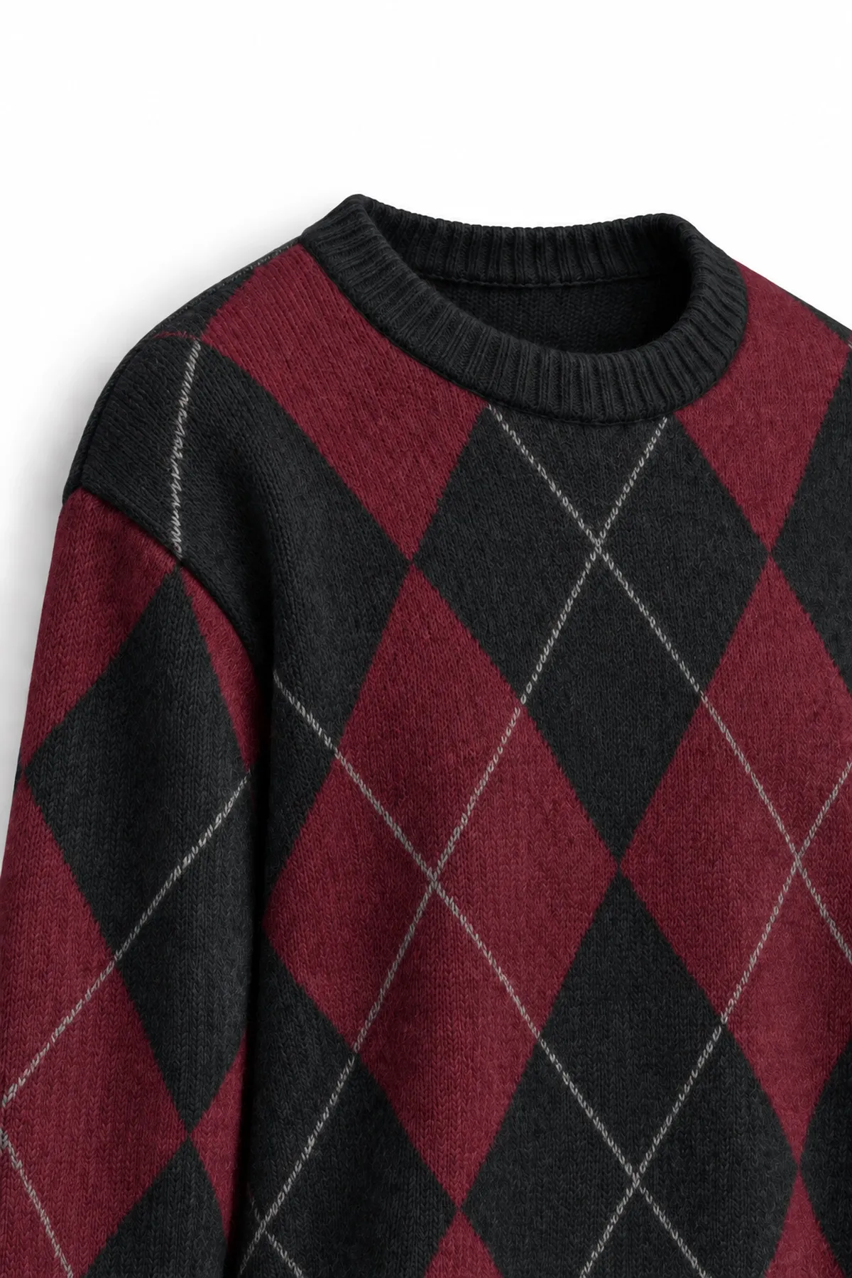 Nash - Bordo - Baklava Desenli Bisiklet Yaka - Oversize Fit - Pamuklu Erkek Kazak