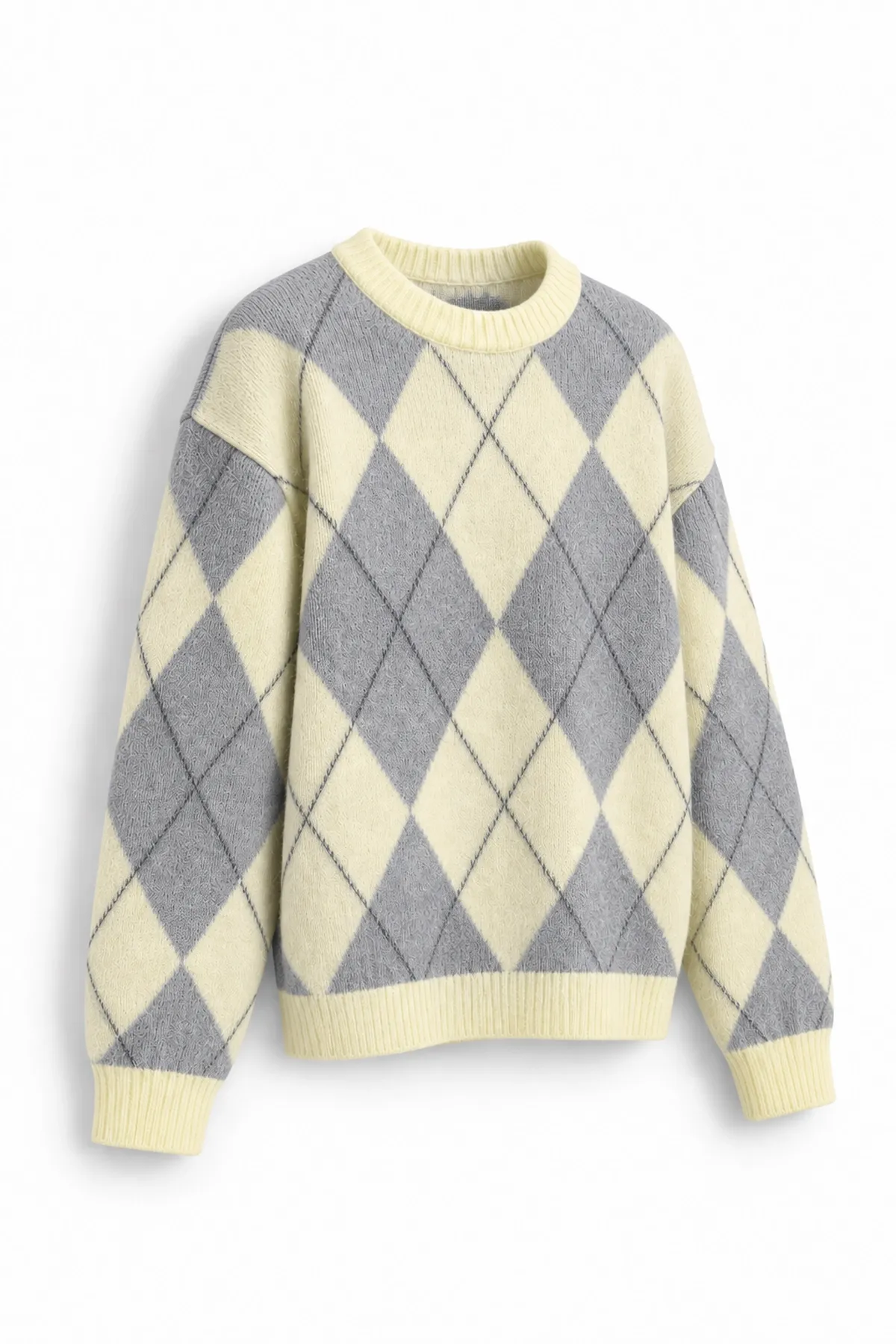 Nash - Gri - Baklava Desenli Bisiklet Yaka - Oversize Fit - Pamuklu Erkek Kazak