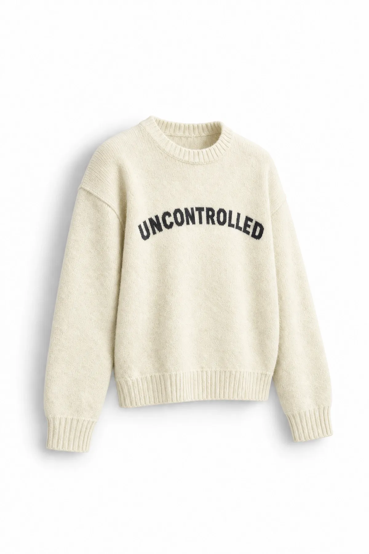 Uncontrolled - Ekru - Bisiklet Yaka - Oversize Fit - Pamuklu Erkek Kazak