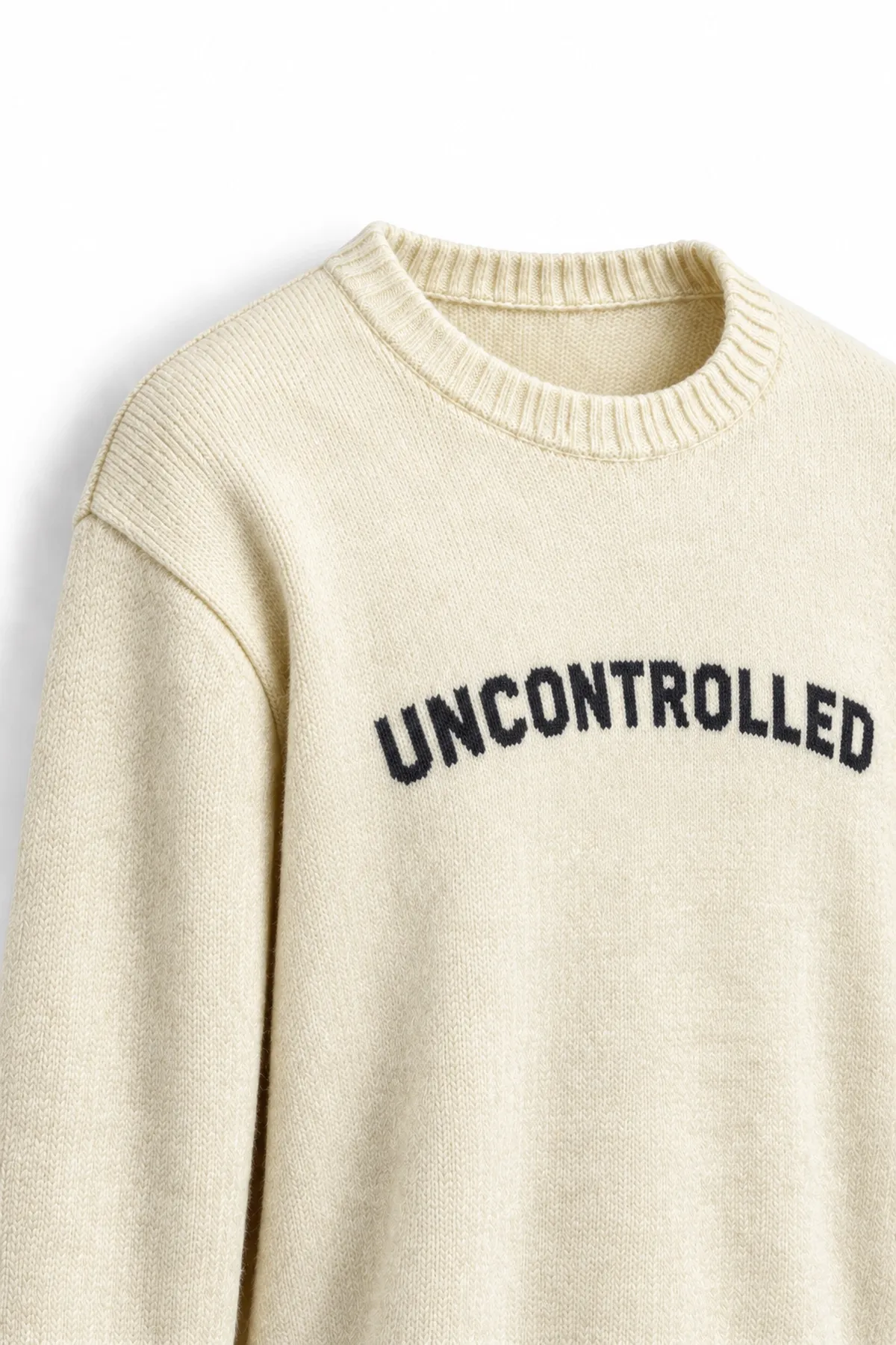 Uncontrolled - Ekru - Bisiklet Yaka - Oversize Fit - Pamuklu Erkek Kazak