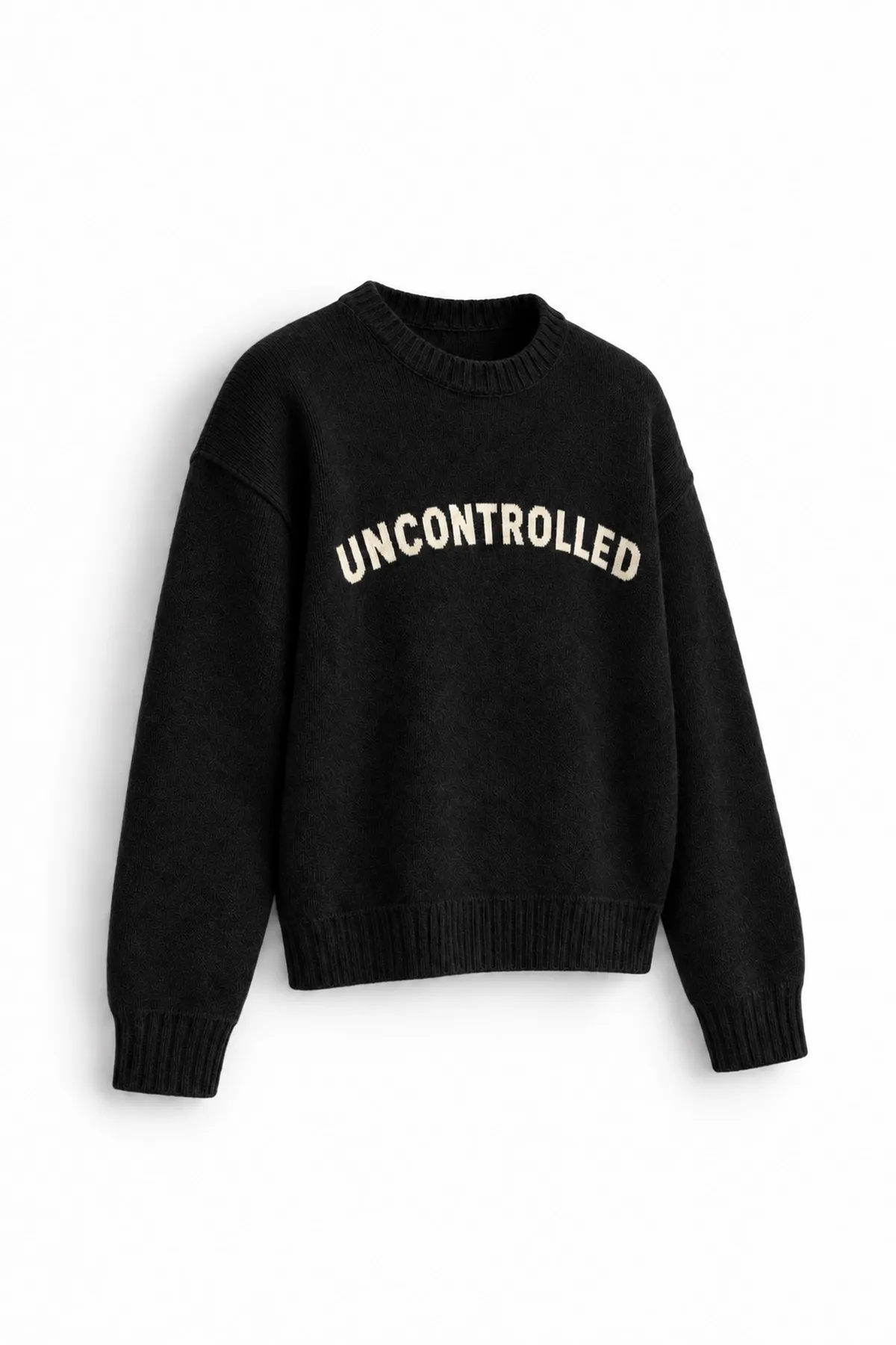 Uncontrolled - Siyah - Bisiklet Yaka - Oversize Fit - Pamuklu Erkek Kazak