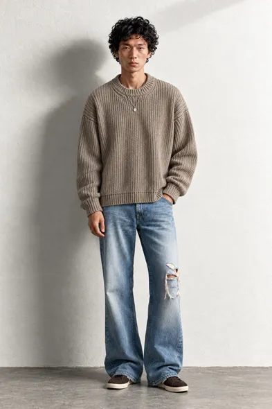 Lars - Bej - Bisiklet Yaka - Oversize Fit - Pamuklu Erkek Kazak