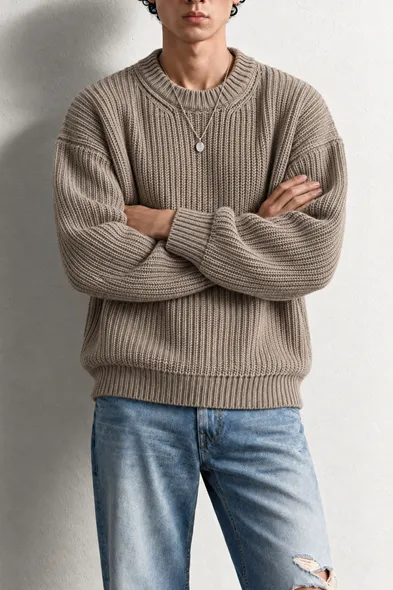 Lars - Bej - Bisiklet Yaka - Oversize Fit - Pamuklu Erkek Kazak
