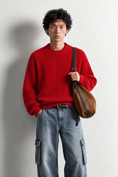 Lars - Kırmızı - Bisiklet Yaka - Oversize Fit - Pamuklu Erkek Kazak