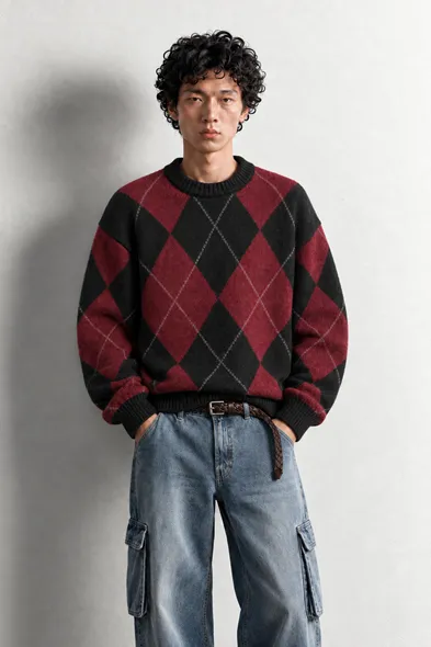 Nash - Bordo - Baklava Desenli Bisiklet Yaka - Oversize Fit - Pamuklu Erkek Kazak
