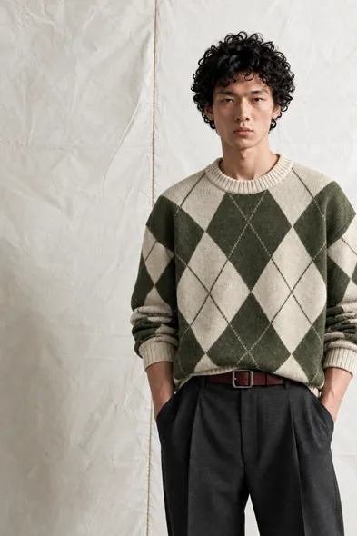 Nash - Haki - Baklava Desenli Bisiklet Yaka - Oversize Fit - Pamuklu Erkek Kazak