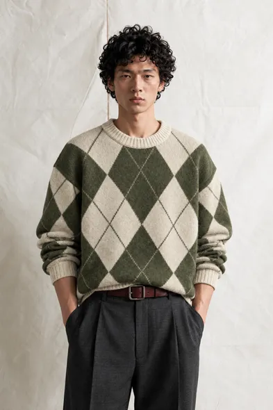 Nash - Haki - Baklava Desenli Bisiklet Yaka - Oversize Fit - Pamuklu Erkek Kazak