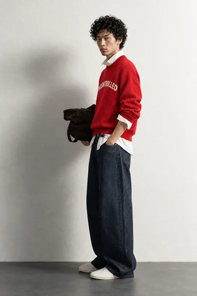 Uncontrolled - Kırmızı - Bisiklet Yaka - Oversize Fit - Pamuklu Erkek Kazak