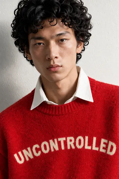 Uncontrolled - Kırmızı - Bisiklet Yaka - Oversize Fit - Pamuklu Erkek Kazak