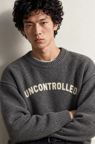 Uncontrolled - Antrasit - Bisiklet Yaka - Oversize Fit - Pamuklu Erkek Kazak