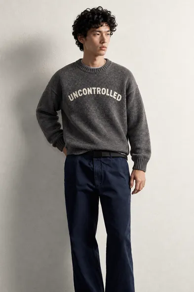 Uncontrolled - Antrasit - Bisiklet Yaka - Oversize Fit - Pamuklu Erkek Kazak