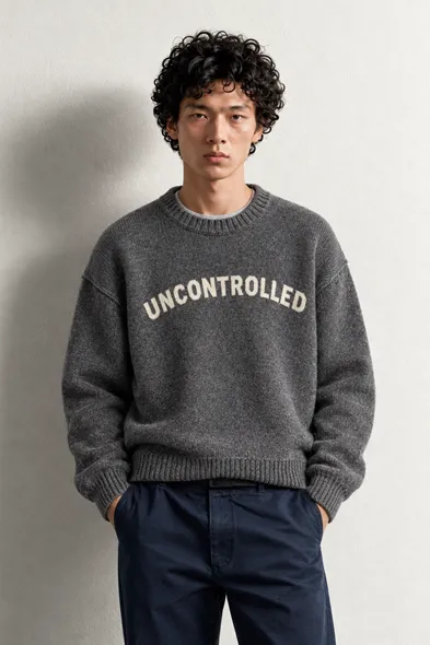 Uncontrolled - Antrasit - Bisiklet Yaka - Oversize Fit - Pamuklu Erkek Kazak