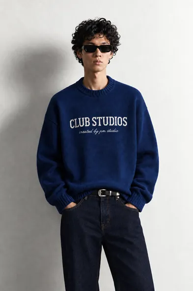 Club Studios - Mavi - Boxy Fit Bisiklet Yaka - Erkek Kazak