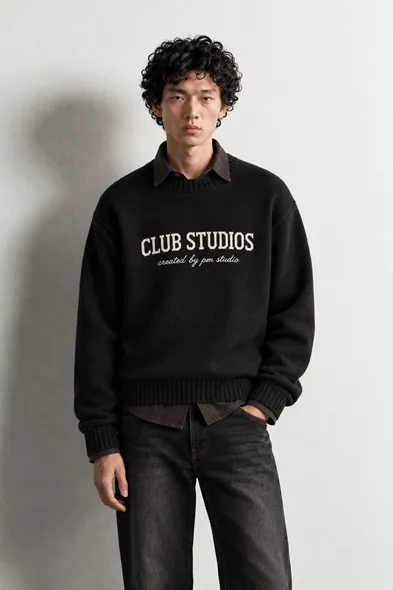 Club Studios - Siyah - Boxy Fit Bisiklet Yaka - Erkek Kazak