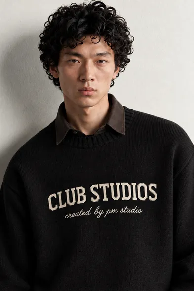Club Studios - Siyah - Boxy Fit Bisiklet Yaka - Erkek Kazak