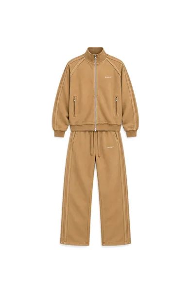 Floyd - Taba - Oversize Fit - Fermuarlı Erkek Ceket ve Erkek Eşofman Takımı