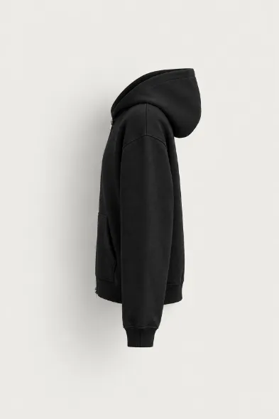 Bye - Siyah - Boxy Fit - Çift Fermuarlı Kapüşonlu - Erkek Sweatshirt