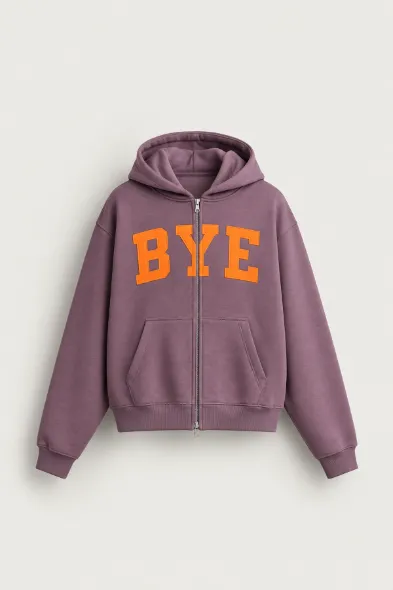 Bye - Mürdüm - Boxy Fit - Çift Fermuarlı Kapüşonlu - Erkek Sweatshirt