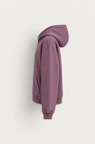 Bye - Mürdüm - Boxy Fit - Çift Fermuarlı Kapüşonlu - Erkek Sweatshirt