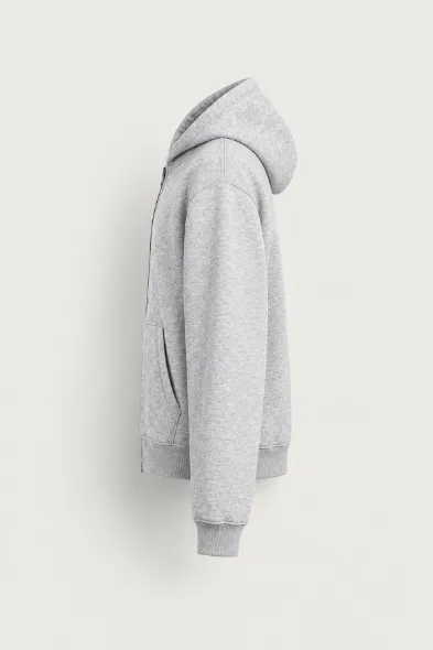Bye - Açık Gri - Boxy Fit - Çift Fermuarlı Kapüşonlu - Erkek Sweatshirt