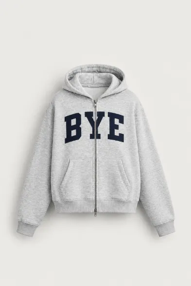 Bye - Açık Gri - Boxy Fit - Çift Fermuarlı Kapüşonlu - Erkek Sweatshirt