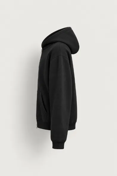 Graceg - Siyah - Boxy Fit - Çift Fermuarlı Kapüşonlu - Erkek Sweatshirt
