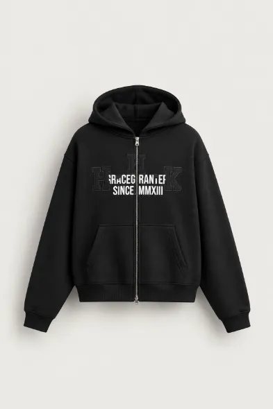 Graceg - Siyah - Boxy Fit - Çift Fermuarlı Kapüşonlu - Erkek Sweatshirt