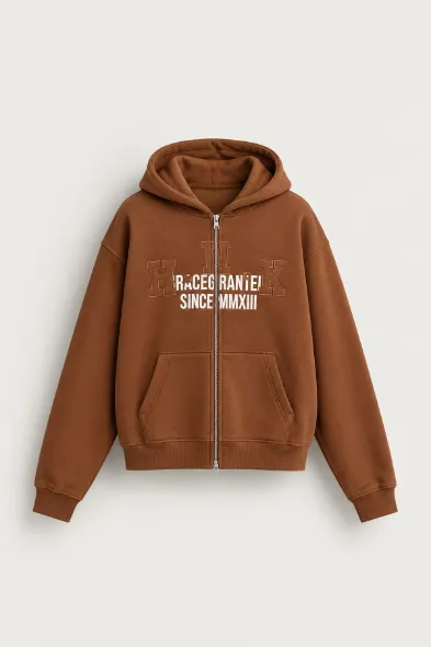 Graceg - Kahverengi - Boxy Fit - Çift Fermuarlı Kapüşonlu - Erkek Sweatshirt