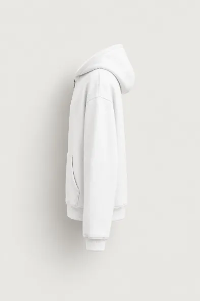 Graceg - Beyaz - Boxy Fit - Çift Fermuarlı Kapüşonlu - Erkek Sweatshirt