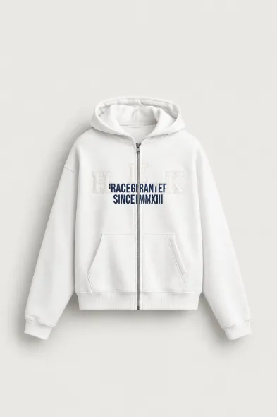 Graceg - Beyaz - Boxy Fit - Çift Fermuarlı Kapüşonlu - Erkek Sweatshirt