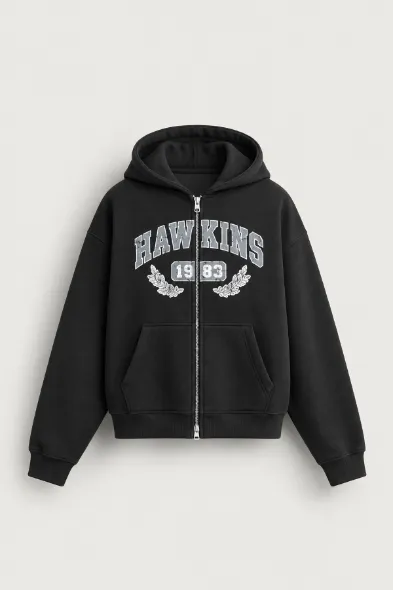 Hawkins - Siyah - Boxy Fit - Çift Fermuarlı Kapüşonlu - Erkek Sweatshirt