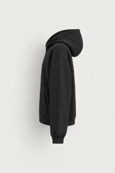 Hawkins - Siyah - Boxy Fit - Çift Fermuarlı Kapüşonlu - Erkek Sweatshirt
