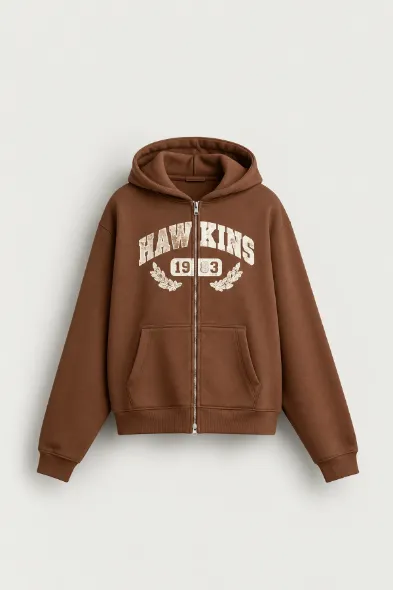 Hawkins - Kahverengi - Boxy Fit - Çift Fermuarlı Kapüşonlu - Erkek Sweatshirt