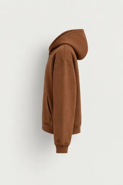Hawkins - Kahverengi - Boxy Fit - Çift Fermuarlı Kapüşonlu - Erkek Sweatshirt