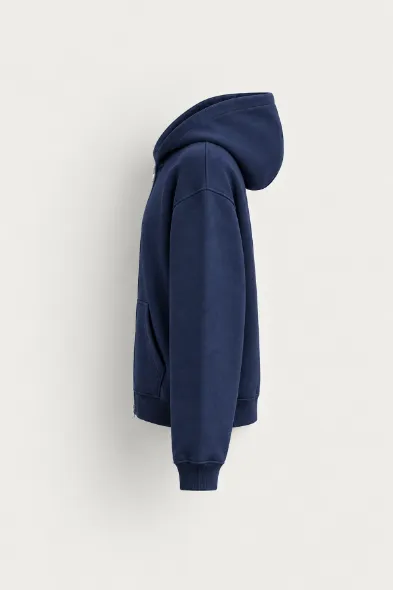 Hawkins - Lacivert - Boxy Fit - Çift Fermuarlı Kapüşonlu - Erkek Sweatshirt