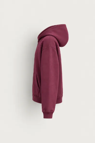Hawkins - Bordo - Boxy Fit - Çift Fermuarlı Kapüşonlu - Erkek Sweatshirt