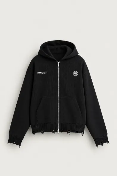 Whatever - Siyah - Boxy Fit - Kapüşonlu Çift Fermuarlı - Erkek Kazak