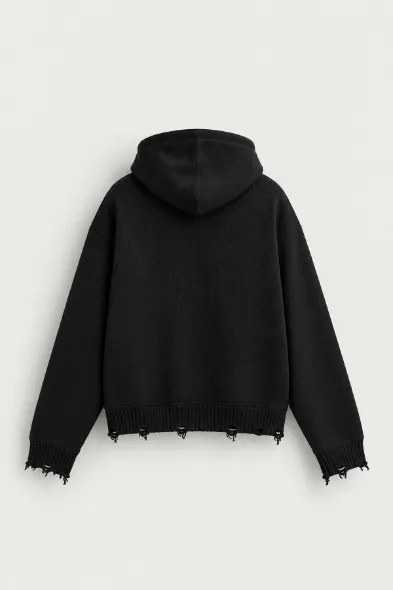 Whatever - Siyah - Boxy Fit - Kapüşonlu Çift Fermuarlı - Erkek Kazak