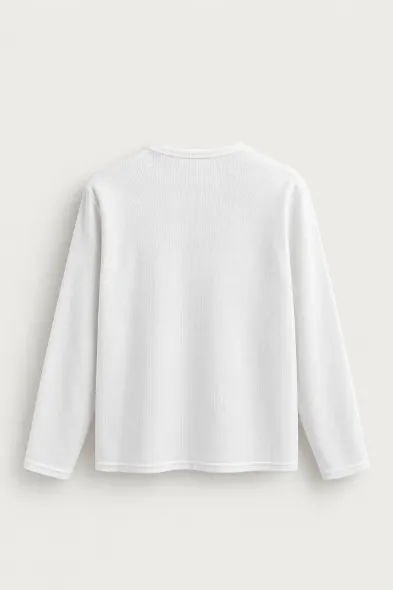 Kiearan - Beyaz - Yakası Düğmeli - Uzun Kollu Erkek Tshirt