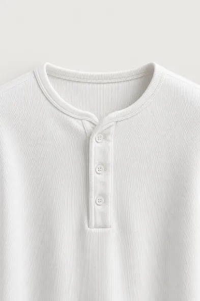 Kiearan - Beyaz - Yakası Düğmeli - Uzun Kollu Erkek Tshirt