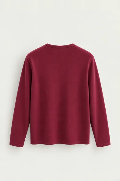 Kiearan - Bordo - Yakası Düğmeli - Uzun Kollu Erkek Tshirt
