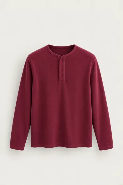 Kiearan - Bordo - Yakası Düğmeli - Uzun Kollu Erkek Tshirt