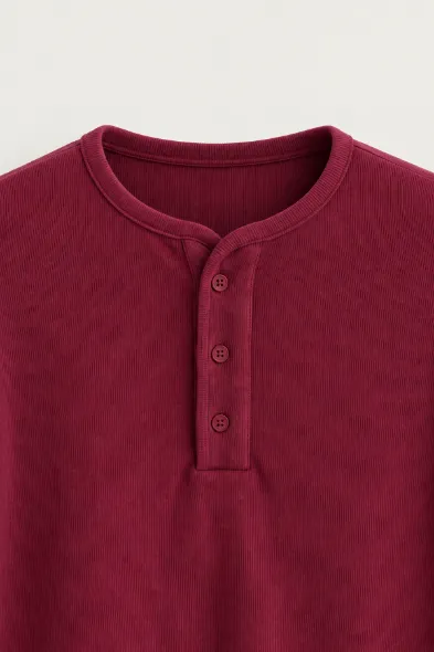 Kiearan - Bordo - Yakası Düğmeli - Uzun Kollu Erkek Tshirt