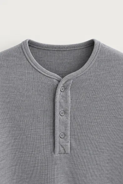 Kiearan - Açık Gri - Yakası Düğmeli - Uzun Kollu Erkek Tshirt