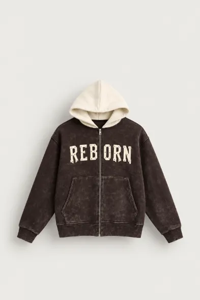 Reborn - Kahverengi - Oversize Fit Fermuarlı - Kapüşonlu Erkek Sweatshirt