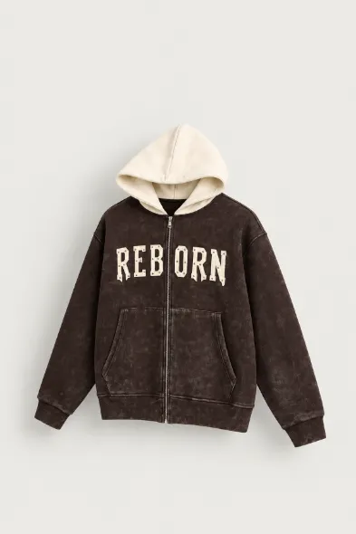Reborn - Kahverengi - Oversize Fit Fermuarlı - Kapüşonlu Erkek Sweatshirt